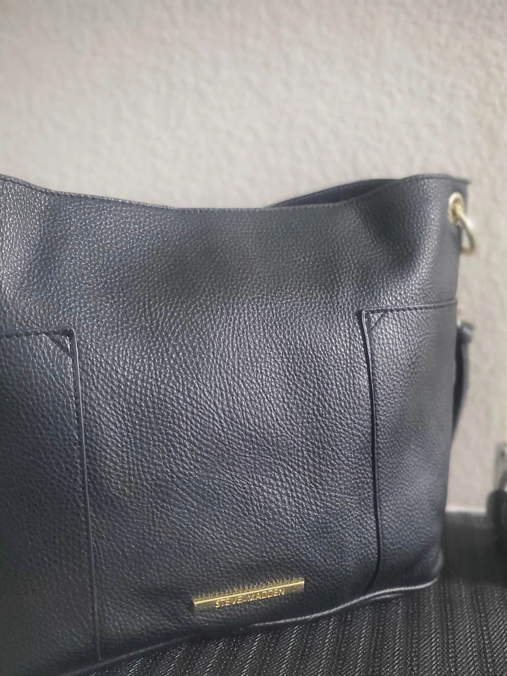 Steve Madden Black Pebbled Leather Crossbody with Gold Logo Plate